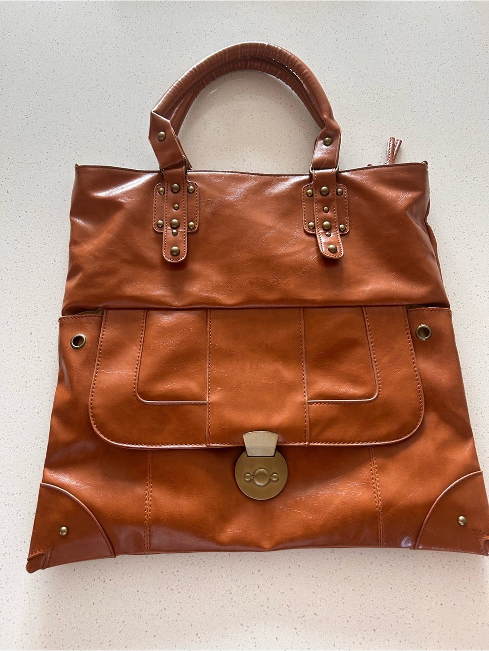 Classic Tan Vegan Leather Tote Bag with Front Flap Pocket